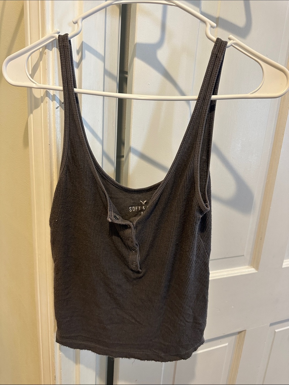 American Eagle Outfitters Ribbed Button-Front Tank Top in Charcoal Gray